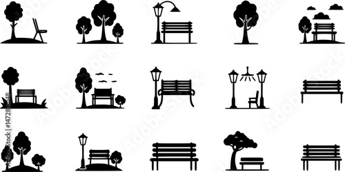vector set of Park Icon Set. garden park minimalist with chair and tree, Open space black glyph icon. Public park with bench to sit. forest and bench vector icons
