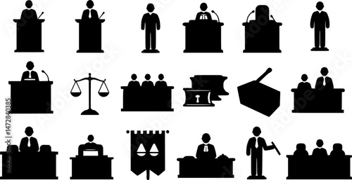 vector set of courtroom icon, witness stand icon, judge room icon, tribunal icon court room icons, Judge Team Icons Sign Vector
