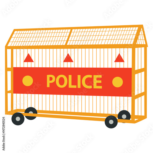 Mobile police barricade with bold orange/red 'POLICE' banner, yellow/gold metal frame, wire mesh, and wheels. Front-view flat vector illustration. Minimalist design with neutral background, conveying 