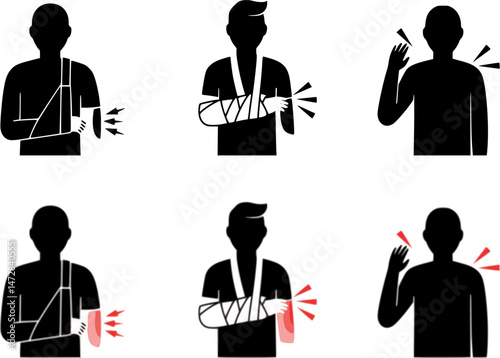 vector set of Work Related Injury Icon – Person Wearing a Sling, man broken arm wearing splint icon, accident injuries icon
