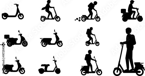 vector set of Scooter icon, Electric scooter icons. Man Riding a Scooter to Work. Scooter Riding Icons, Two wheeled vehicles and riders icon set.
