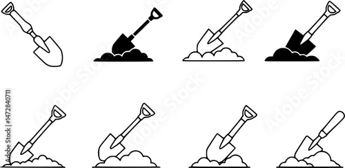 vector set of Shovel Icon, Garden Shovel icon, Hand garden shovel icon. Outline hand garden shovel vector icon, Shovel icon flat. Digging with garden shovel vector icon, Shovel in dirt vector icon