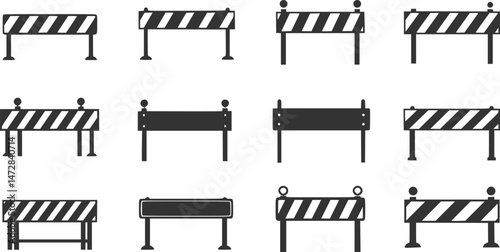 vector set of road barrier icon. Roadblock icon. Road barrier symbol. Guardrail or Road barrier vector collections. Road barrier icon. Under construction icons, Road block and pedestrian barrier