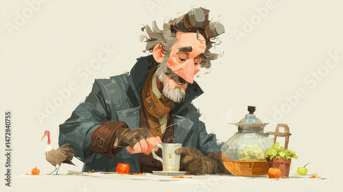 Man pouring apple cider thoughtfully into a cup with a charming autumn table setting for Thanksgiving Day