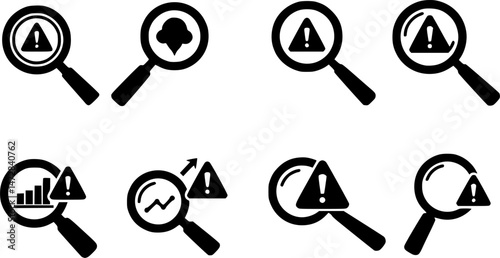 vector set of Magnifying glass warning error icon. Business Risk Analysis symbol with magnifying glass icon, Magnifying glass warning error icon.
