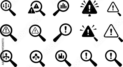 vector set of Magnifying glass warning error icon. Business Risk Analysis symbol with magnifying glass icon, Magnifying glass warning error icon.
