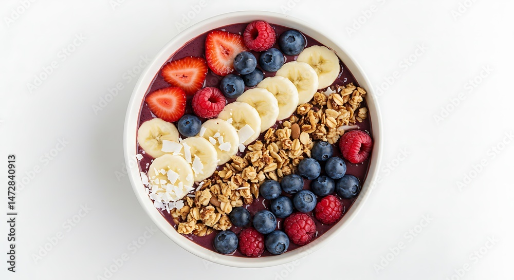 High-Resolution Image of Healthy Açai Bowl with Fruit, Granola and Coconut Garnish Served in Clean White Bowl on Seamless White Backdrop under Bright Light High-Resolution Image of Healthy Açai Bowl with Fruit, Granola and Coconut Garnish Served in Clean White Bowl on Seamless White Backdrop under Bright Light