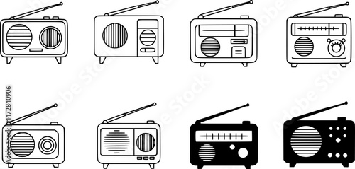 vector set of Radio icon, radio vector thin line icon, radio icon vector logo template, radio icon silhouette, Radio icon vector, vintage radio icon, Old retro Receiver waves, Radio icon simple vector