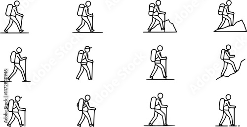 vector set of Hiking icon, Hiking icon in line style, adventure icon, Silhouette of a climber. Walking icon, Hiking line icon. Simple outline style. Activity, nature, trekking, walk, adventure concept
