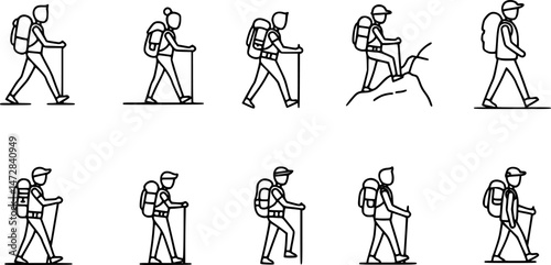 vector set of Hiking icon, Hiking icon in line style, adventure icon, Silhouette of a climber. Walking icon, Hiking line icon. Simple outline style. Activity, nature, trekking, walk, adventure concept