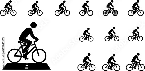 vector set of Man on bicycle icon, The man ride bicycle icon, bicycle icon, Bike. Bicycle vector icon. Concept of cycling. Go in for isolated bicycle lanes with a white background