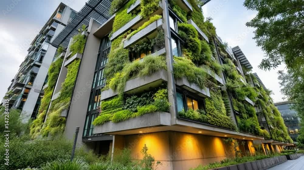 Modern green building with vertical garden at dusk