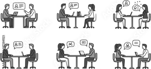 vector set of Job Interview Icon – Two People in Discussion Inside Interview Room Symbolizing Hiring and Career Opportunity, Interview Icon, job interview glyph icon