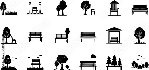 vector set of Park Icon Set. garden park minimalist with chair and tree, Open space black glyph icon. Public park with bench to sit. forest and bench vector icons
