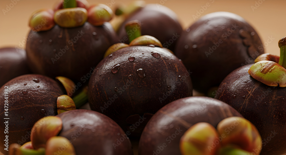 Obraz premium Delicious Fresh Purple Mangosteens Gathered Together On A Neutral Background