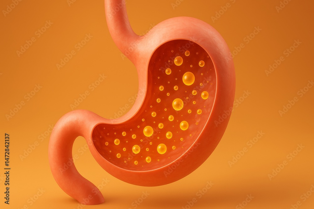 3d rendering of a human stomach showing digestion process with bubbles on orange background, ideal for medical illustrations, health and wellness campaigns, or educational materials