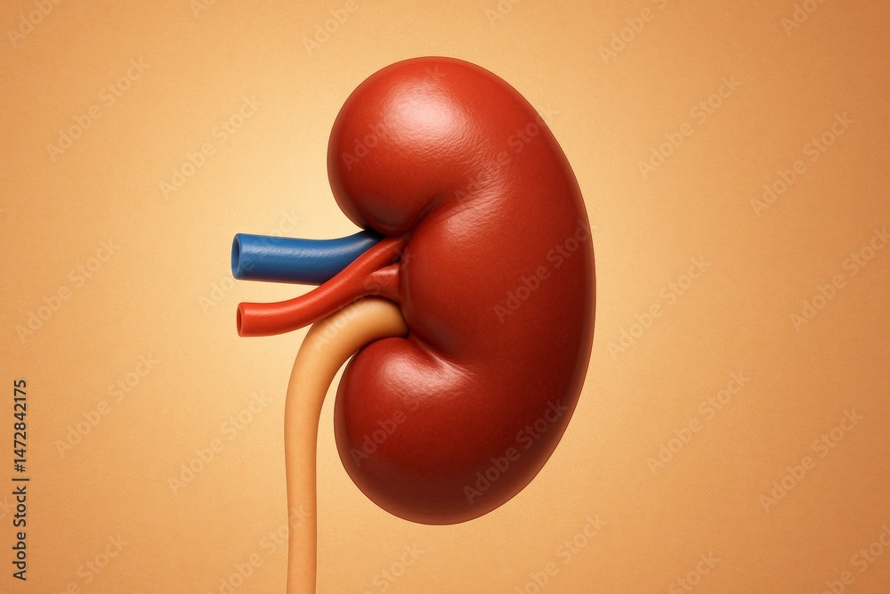 Realistic 3d rendering of a healthy human kidney showing the renal artery, renal vein, and ureter against a plain orange background, providing a clear and educational view of this vital organ