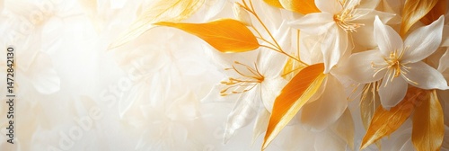 An abstract background featuring soft white flowers and golden leaves, creating a gentle and elegant atmosphere with ample copy space