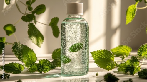 A clear bottle of nettle shampoo surrounded by fresh green nettle leaves, illuminated by soft sunlight