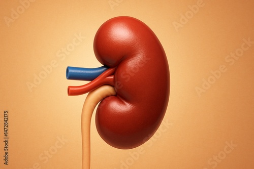 Obraz na płótnie Realistic 3d rendering of a healthy human kidney showing the renal artery, renal vein, and ureter against a plain orange background, providing a clear and educational view of this vital organ w salonie