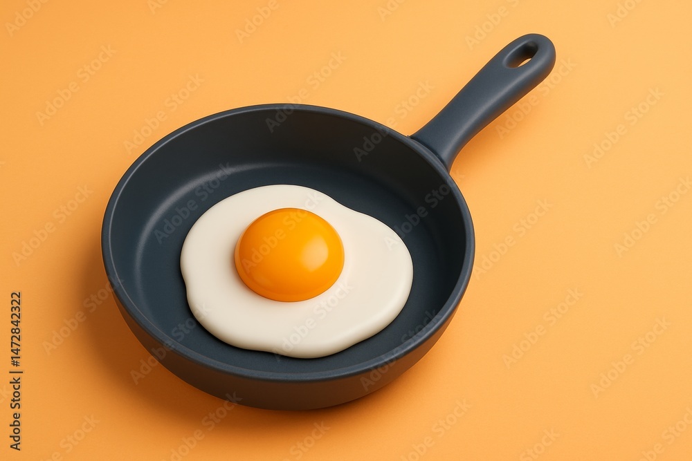 3d rendering of a fried egg sunny side up cooking in a frying pan on an orange background, representing breakfast, healthy food, and protein