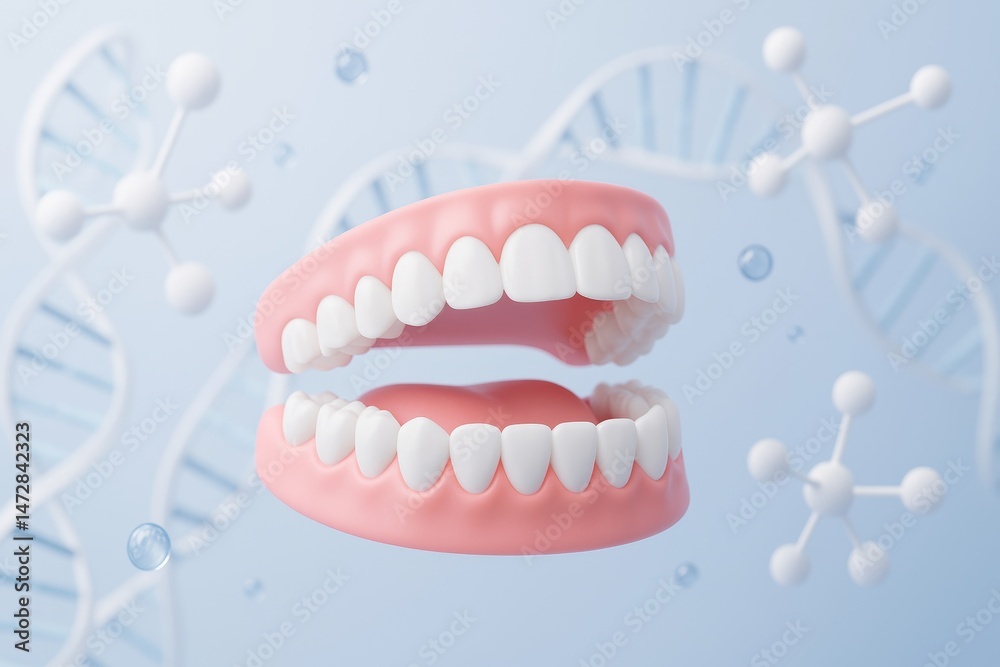 Healthy teeth and gums are floating in a light blue environment, surrounded by stylized dna strands and molecules, representing the science of dental care and oral hygiene