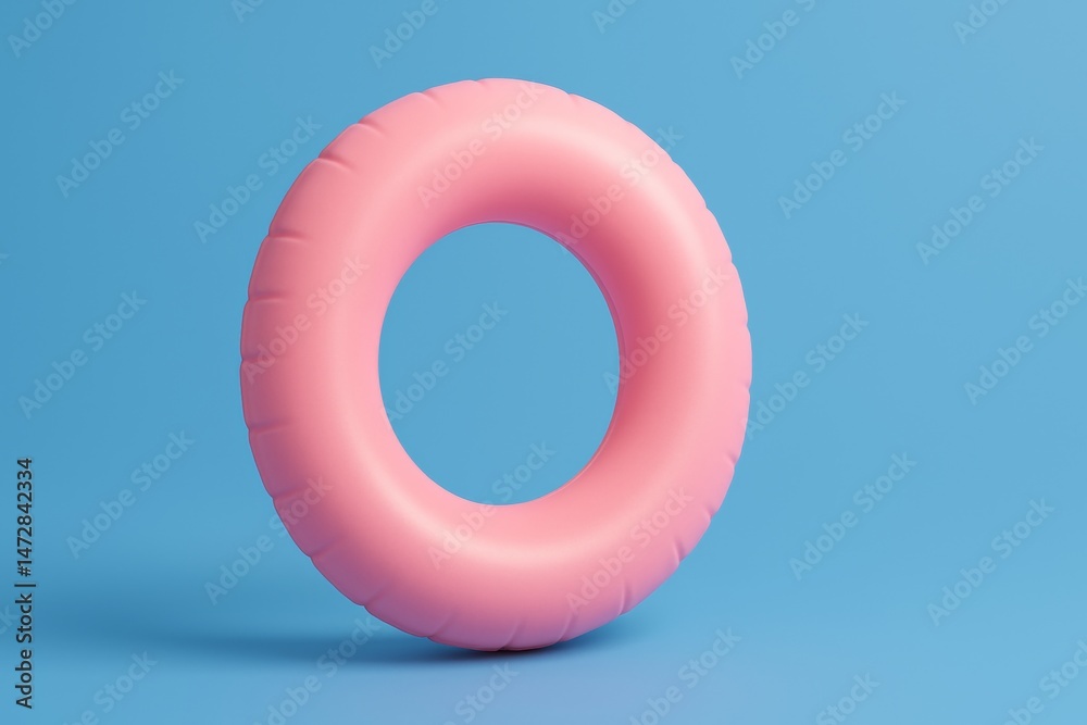 Studio shot featuring a pink inflatable ring against a vibrant blue background, capturing the carefree joy of summer holidays and the relaxation of swimming pool fun