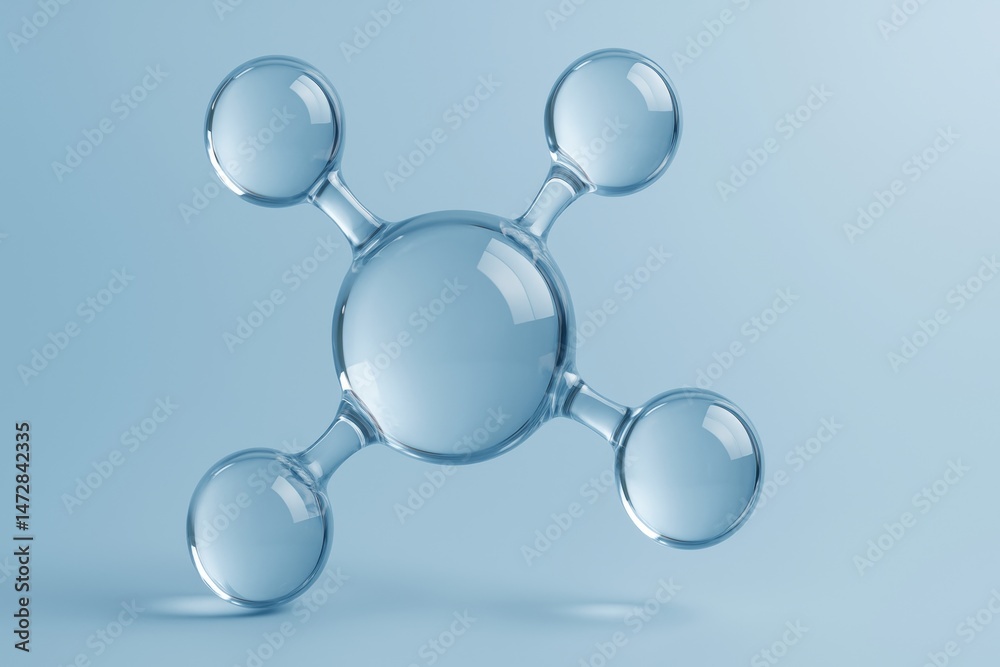 Glass molecule structure is floating on gradient blue background, representing scientific research, molecular biology, and chemical reactions