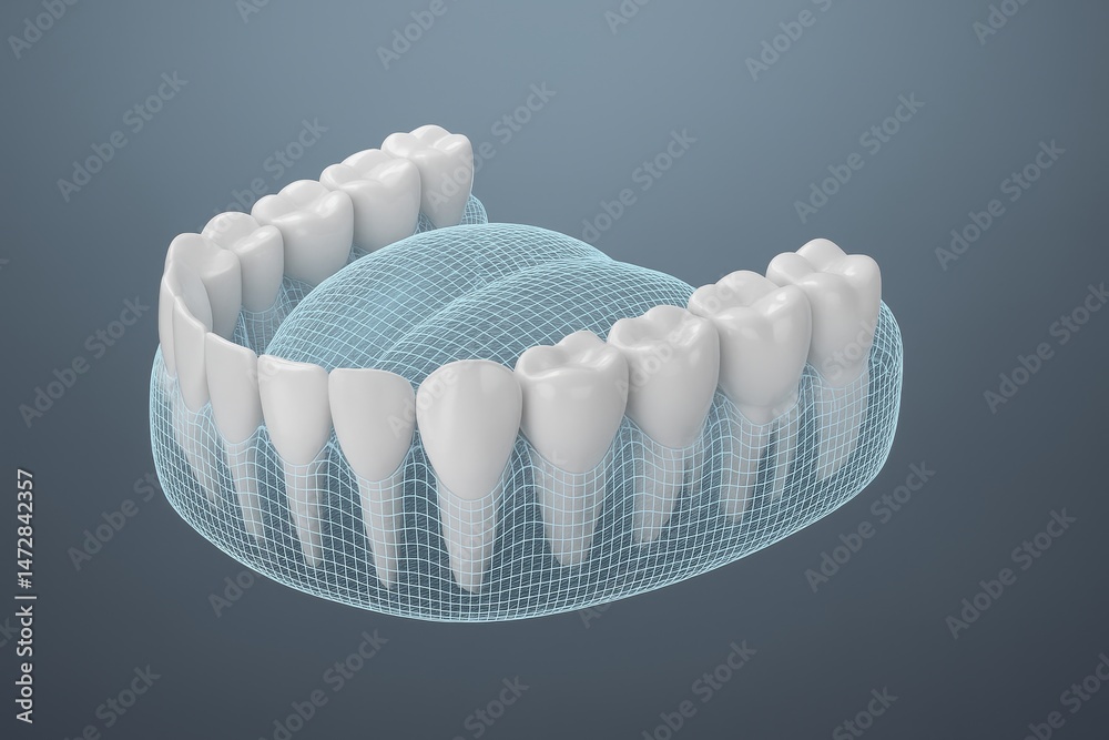 White healthy teeth growing from gums inside polygonal mesh showing a perfect dental health and promoting oral hygiene against caries and other dental diseases