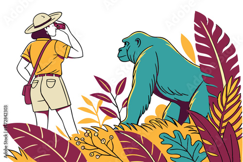 Tourist Woman Photographing a Gorilla in Colorful Jungle Foliage, Wildlife Adventure Illustration, Safari Trip, Conservation and Ecotourism.