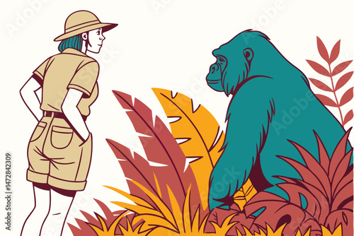 Cartoon Woman Explorer Staring at Teal Gorilla among Lush Tropical Leaves and Grass in a Retro Style Illustration.