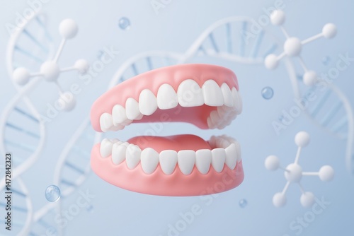 Obraz na płótnie Healthy teeth and gums are floating in a light blue environment, surrounded by stylized dna strands and molecules, representing the science of dental care and oral hygiene w salonie