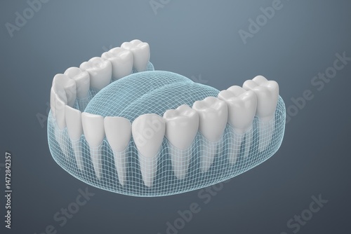Obraz na płótnie White healthy teeth growing from gums inside polygonal mesh showing a perfect dental health and promoting oral hygiene against caries and other dental diseases w salonie