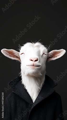 Smiling goat with coat, against dark backdrop; whimsical, portrait style, animal fashion