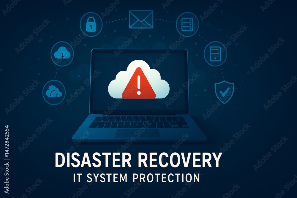 Disaster recovery and it system protection concept showing warning sign on a laptop with cloud computing, database, security and communication icons