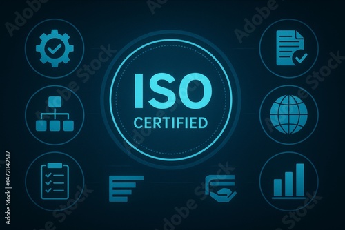 Iso certification process ensuring quality control, featuring icons that represent standardization aspects like workflow, document verification, compliance, and performance analysis