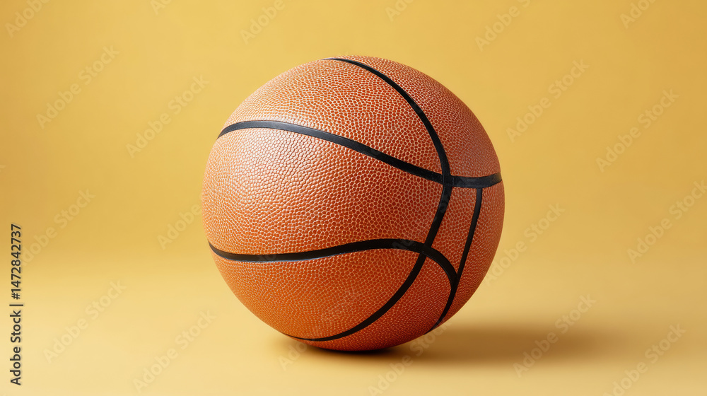Fototapeta premium Orange basketball resting on a vibrant yellow background, showcasing minimalist photography with ample copy space for creative use