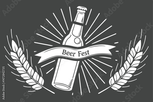 Beer Fest Vector Illustration: Bottle, Ribbon, and Wheat on Dark Background for Celebrations and Design Elements.