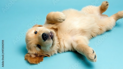   A dog lays on its back with its paws on its back on a blue surface