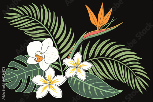 Tropical Floral Illustration with Palm Leaves, Orchid, Plumeria, and Bird of Paradise on Black Background.