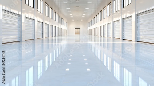 Warehouse Interior with Roll-up Doors and Reflective Floor