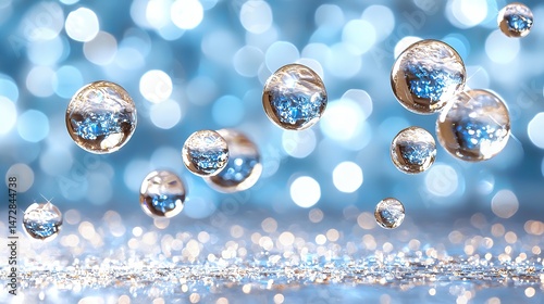 Water Bubbles Floating with Glittery Bokeh Background