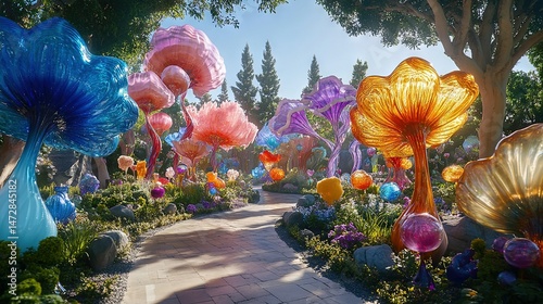   A lush garden brimming with diverse flower varieties and enormous balloons resembling blooms