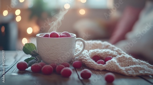A cozy scene featuring a steaming cup with red berries beside a knitted blanket on a wooden table, illuminated by soft bokeh lights in the background