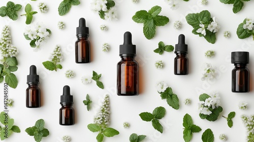 A minimalistic arrangement of amber dropper bottles surrounded by fresh peppermint leaves and small white flowers on a white background