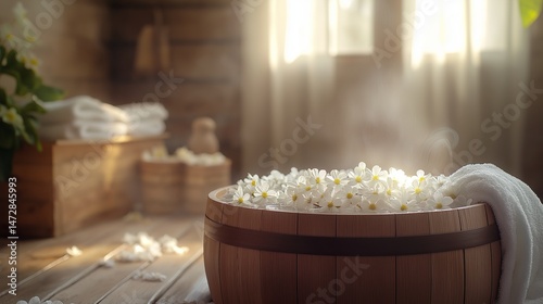 A minimalistic wooden tub filled with a steaming herbal foot soak, adorned with flowers, set in a cozy, softly lit environment