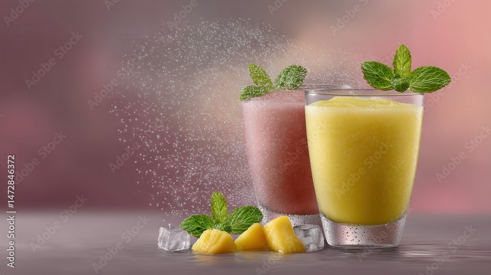 Two glasses with juice and two slices of pineapple on a table Two glasses with juice and two slices of pineapple on a table
