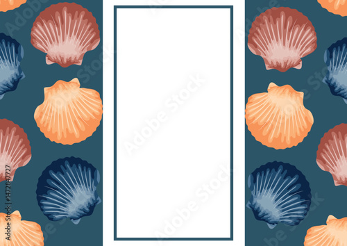 poster or postcard template with a marine theme, namely with colorful clams and a white rectangle in the middle