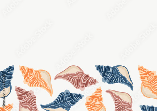 poster with a marine theme, namely with colorful, swirling sea shells of various shapes on a white background