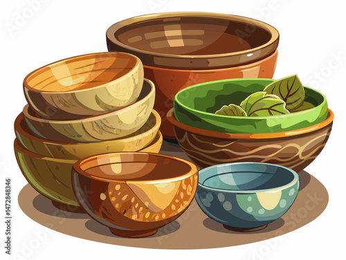 vector of Set of rustic ceramic bowls with natural textures isolated on transparent background